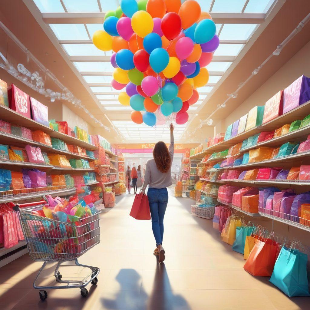 A whimsical scene of diverse shoppers joyfully exploring a vibrant discount store filled with colorful sale signs, overflowing shopping carts, and cheerful interactions. A sunny, inviting atmosphere with balloons and confetti, capturing the spirit of happy retail therapy. Add playful elements like a smiling cartoon character juggling bags of discounts. cartoon style. bright colors. cheerful vibe.