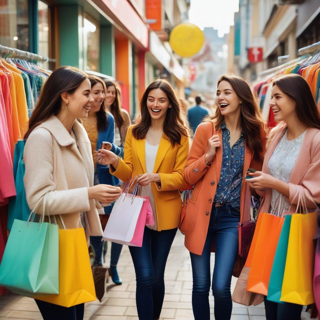 A vibrant shopping scene featuring a diverse group of people joyfully browsing trendy fashion deals, surrounded by colorful discount tags and stylish clothing racks. Include bright and lively storefronts with an inviting atmosphere, and shoppers holding bags filled with fashionable bargains. Integrate elements of excitement and happiness, representing the joy of finding great fashion deals. super-realistic. vibrant colors.