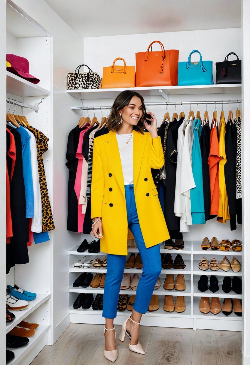 A stylish virtual store display filled with trendy clothes, accessories, and bargains, seamlessly transitioning into a modern closet bursting with fashion finds. Incorporate a user browsing through their phone with excitement, visualizing the journey from purchase to closet. Use bright and engaging colors to evoke a sense of discovery and style. super-realistic. vibrant colors. white background.